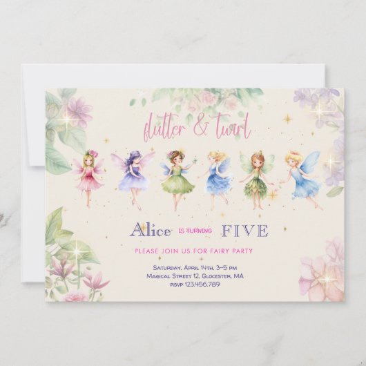 Invitation Flutter et tourbillon Fairy garden aquarelle anniv (Devant)