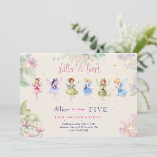 Invitation Flutter et tourbillon Fairy garden aquarelle anniv (Debout devant)