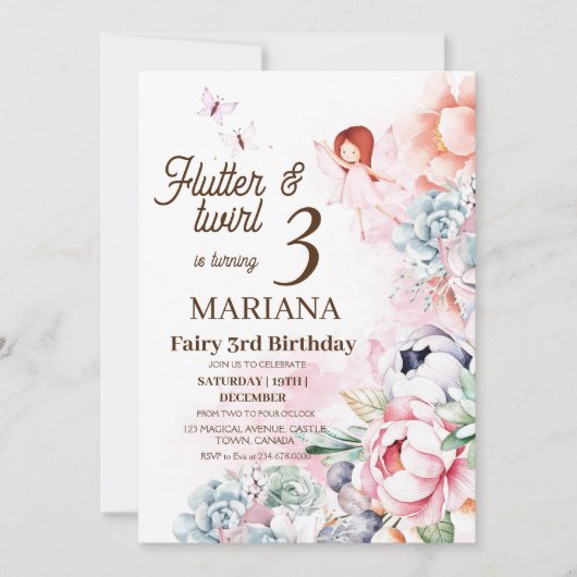 Invitation Flutter & twirl Jardin Fée Floral Pixie Anniversai (Devant)