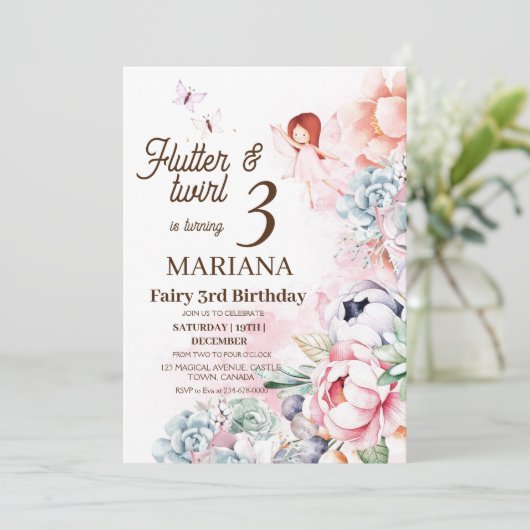 Invitation Flutter & twirl Jardin Fée Floral Pixie Anniversai (Debout devant)