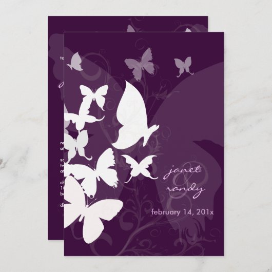Invitation Flutting by... papillons blanc/prune 5x7 invitent (Devant / Derrière)