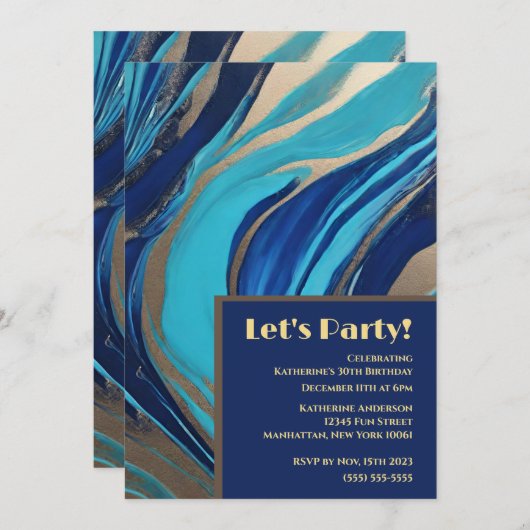 Invitation Flux Abstrait - Bleu & Or (Devant / Derrière)