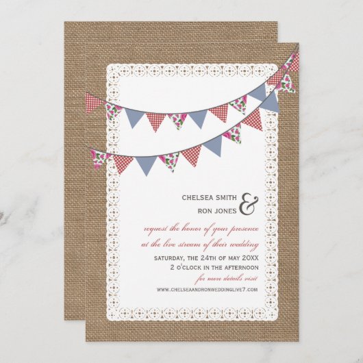 Invitation Flux en direct Mariage virtuel Lace Burlap Bunlap (Devant / Derrière)
