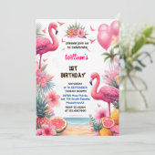 Invitation Fly Luau Pink Flamant rose Pool Party 1er annivers (Debout devant)