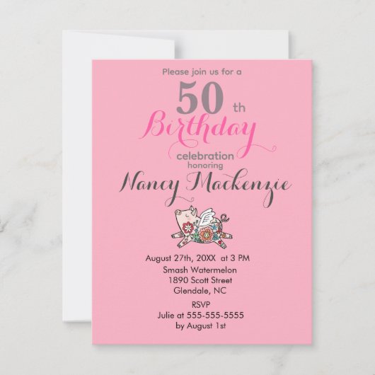 Invitation Flying Pig Cute Grange Animal Personnalisable Anni (Devant)