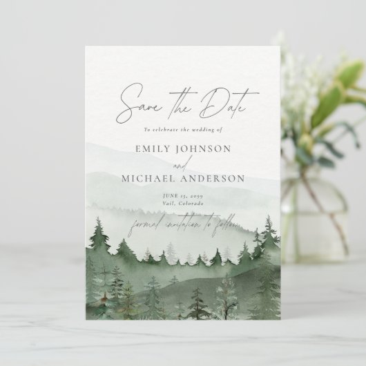 Invitation Foggy Forest Pine Tree Save the Date CARD (Debout devant)
