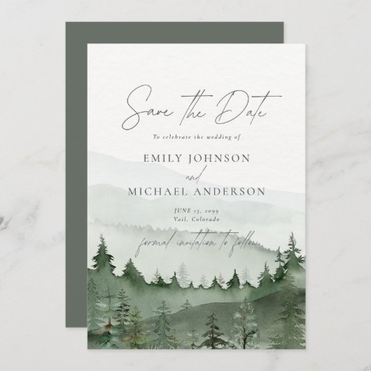 Invitation Foggy Forest Pine Tree Save the Date CARD (Devant / Derrière)