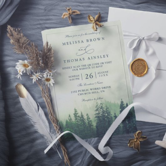 Invitation Foggy Green Mountain Pines Rustic QR Code Wedding
