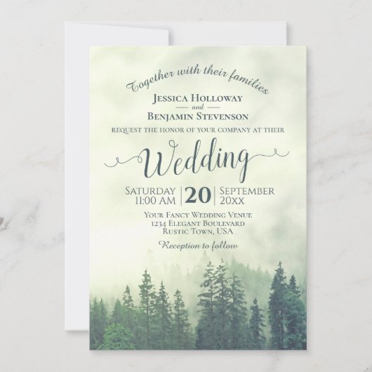 Invitation Foggy Green Mountain Pines Rustique Code QR Mariag (Devant)