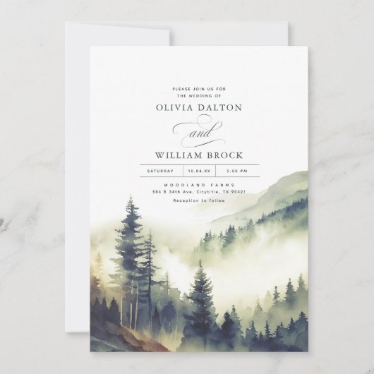 Invitation Foggy Mountain Pines Rustique QR Code Mariage (Devant)
