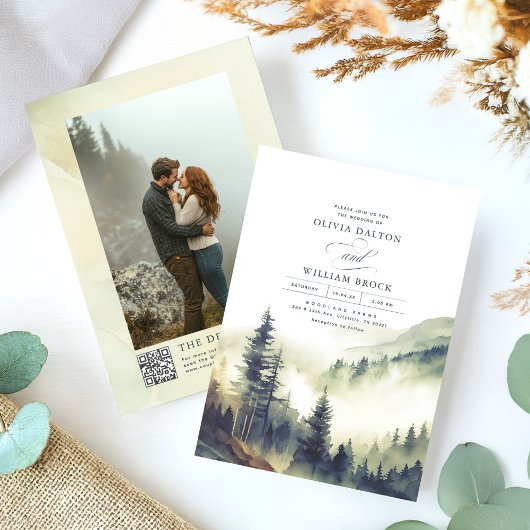 Invitation Foggy Mountain Pines Rustique QR Code Mariage
