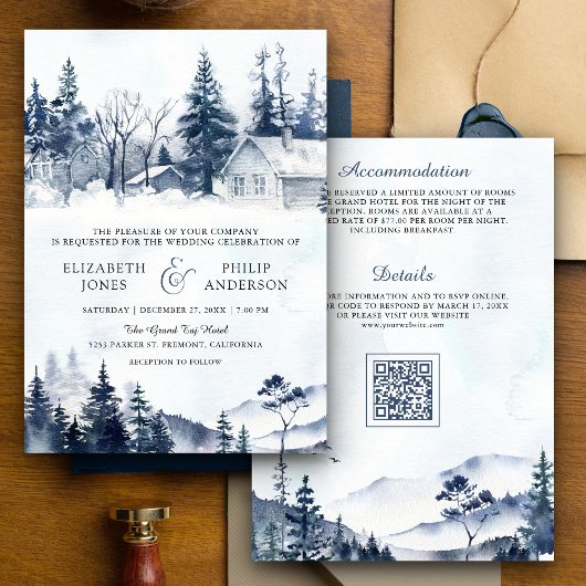 Invitation Foggy Winter Mountain Pine Forest Code QR Mariage