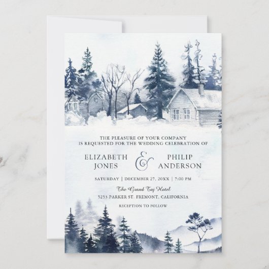 Invitation Foggy Winter Mountain Pine Forest Code QR Mariage (Devant)