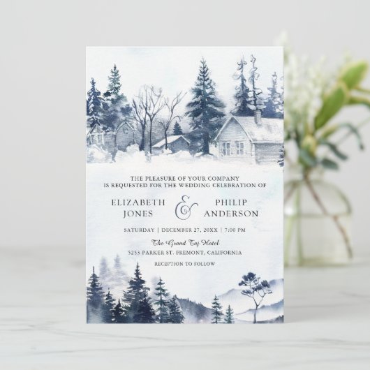 Invitation Foggy Winter Mountain Pine Forest Code QR Mariage (Debout devant)