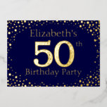 Invitation Foil 50th Birthday Party<br><div class="desc">Invitation à la fête du 50e anniversaire. Personnalisez avec le nom de la personne d'honneur. Le numéro 50 dans une grande police de style étincelant. Encadré de points dorés en chute. Placé sur un bleu foncé très saturé. Entrez les détails de la fête au verso de l'invitation en utilisant les...</div>
