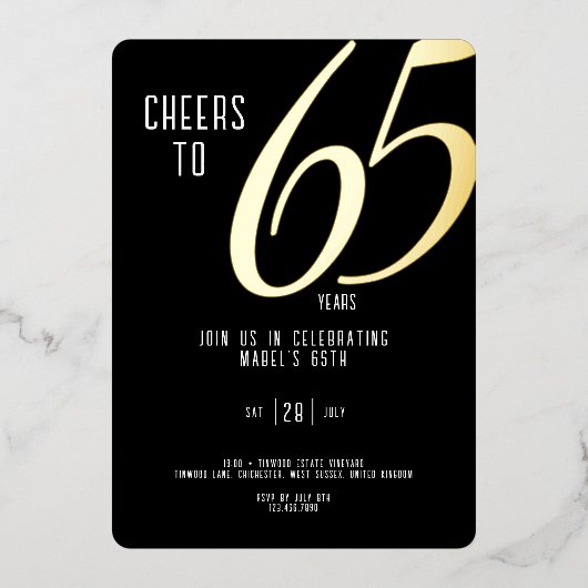 Invitation Foil 65e anniversaire sur Black (Recto)