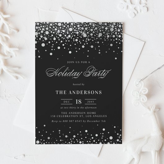 Invitation Foil argenté Confetti Black Holiday Party