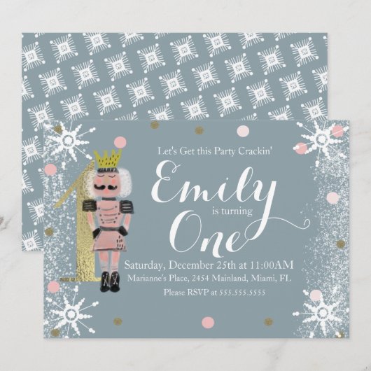 Invitation Foil de premier anniversaire Casse-Noisette Flocon (Devant / Derrière)