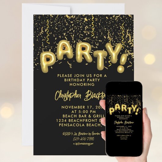 Invitation Foil Party Black & Gold élégant Anniversaire