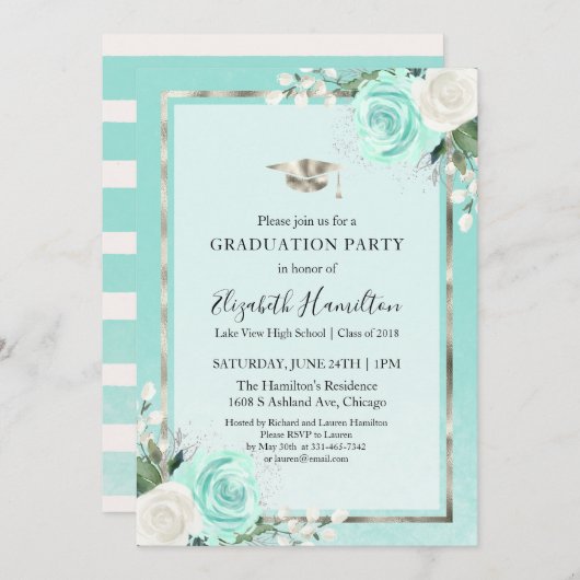 Invitation Foil Silver & Turquoise Moderne Floral Graduation  (Devant / Derrière)