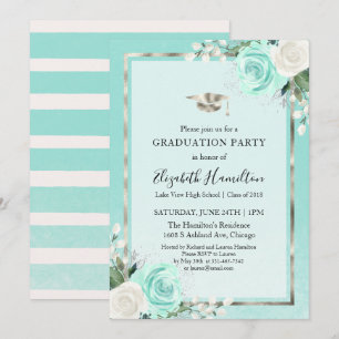 Invitation Foil Silver & Turquoise Moderne Floral Graduation 