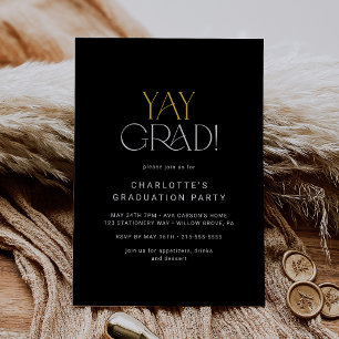 Invitation Fois moderne Black Gold Yay Grad Graduation Party