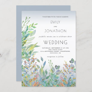 Invitation Foliage aquarelle Verre de mer Mariage bleu Dusty