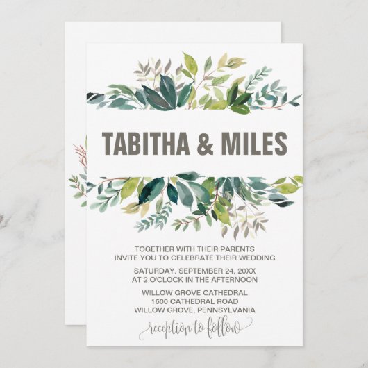Invitation Foliage avec Mariage de support de couronne Monogr (Devant / Derrière)