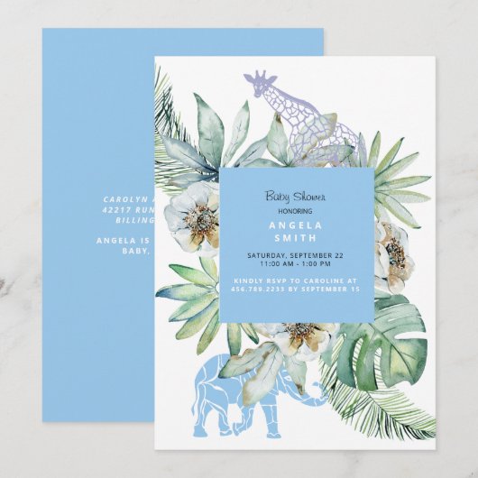Invitation Foliage Baby shower d'animaux de la Jungle Bleue (Devant / Derrière)