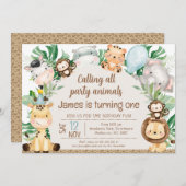 Invitation Foliage Casquette Safari Arch Party Animaux 1er an (Devant / Derrière)