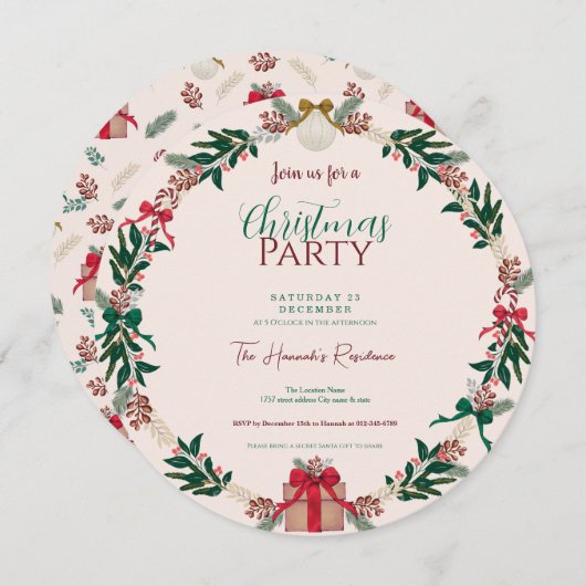 Invitation Foliage d'hiver Noël présente la couronne (Devant / Derrière)