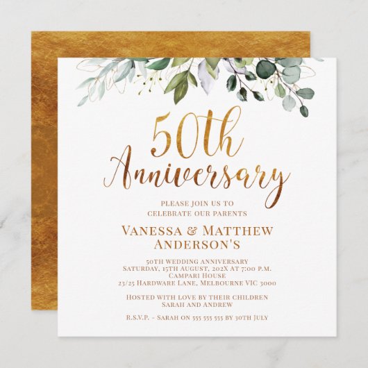 Invitation Foliage Faux Or Calligraphie 50e Anniversaire (Devant / Derrière)