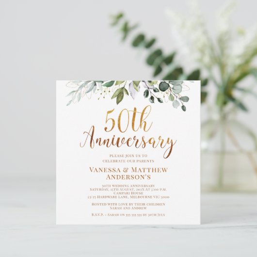 Invitation Foliage Faux Or Calligraphie 50e Anniversaire (Debout devant)