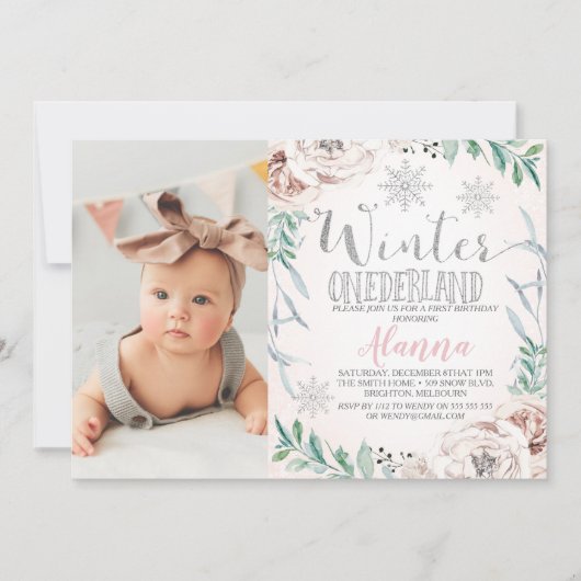 Invitation Foliage Floral Hiver Un derland Ier Anniversaire (Devant)
