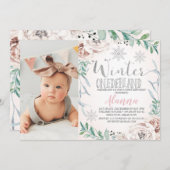 Invitation Foliage Floral Hiver Un derland Ier Anniversaire (Devant / Derrière)