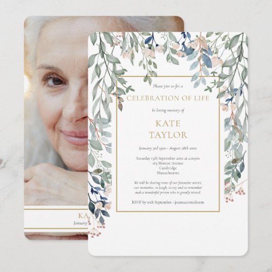 Invitation Foliage floral Photo Funérailles Célébration de la (Devant / Derrière)