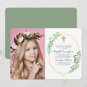 Invitation Foliage géométrique Cross Photo Communion Invitati