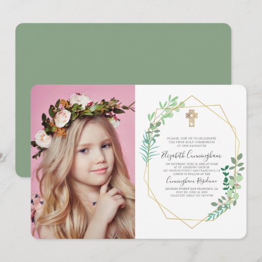 Invitation Foliage géométrique Cross Photo Communion Invitati (Devant / Derrière)