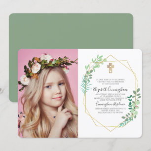 Invitation Foliage géométrique Cross Photo Communion Invitati