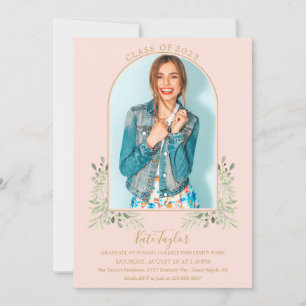 Invitation Foliage Gold Arch Blush Rose Photo Graduation Invi
