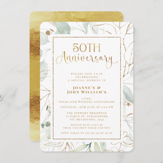 Invitation Foliage Gold Script 50e anniversaire de Mariage (Devant / Derrière)