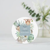 Invitation Foliage Jungle Animaux Dusty Blue Baby Round (Debout devant)