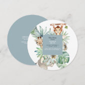 Invitation Foliage Jungle Animaux Dusty Blue Baby Round (Devant / Derrière)