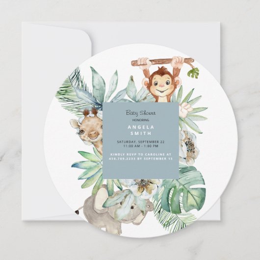 Invitation Foliage Jungle Animaux Dusty Blue Baby Round (Devant)