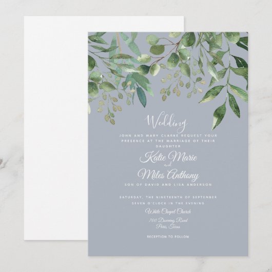 Invitation Foliage Moderne d'Eucalyptus Bleu Poussiéreux Fair (Devant / Derrière)