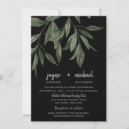 Invitation Foliage Moderne Police Noir Site Web Mariage (Devant)