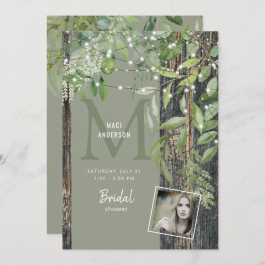 Invitation Foliage Rustique Photo Sage Lumières Fête des mari (Devant / Derrière)