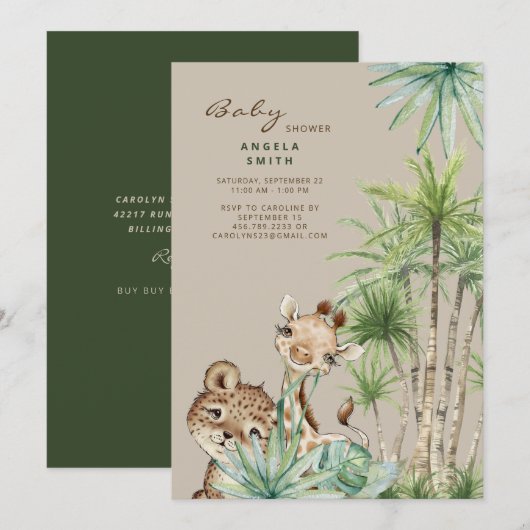 Invitation Foliage tropical Bébé Animaux II Baby shower (Devant / Derrière)