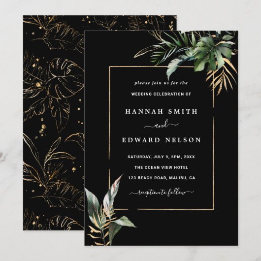 Invitation Foliage tropical sauvage Aquarelle Mariage Noir (Devant / Derrière)