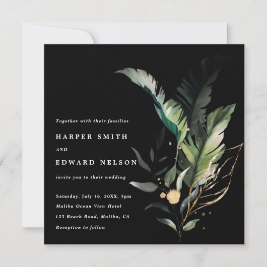 Invitation Foliage tropical sauvage Carré Mariage noir (Devant)